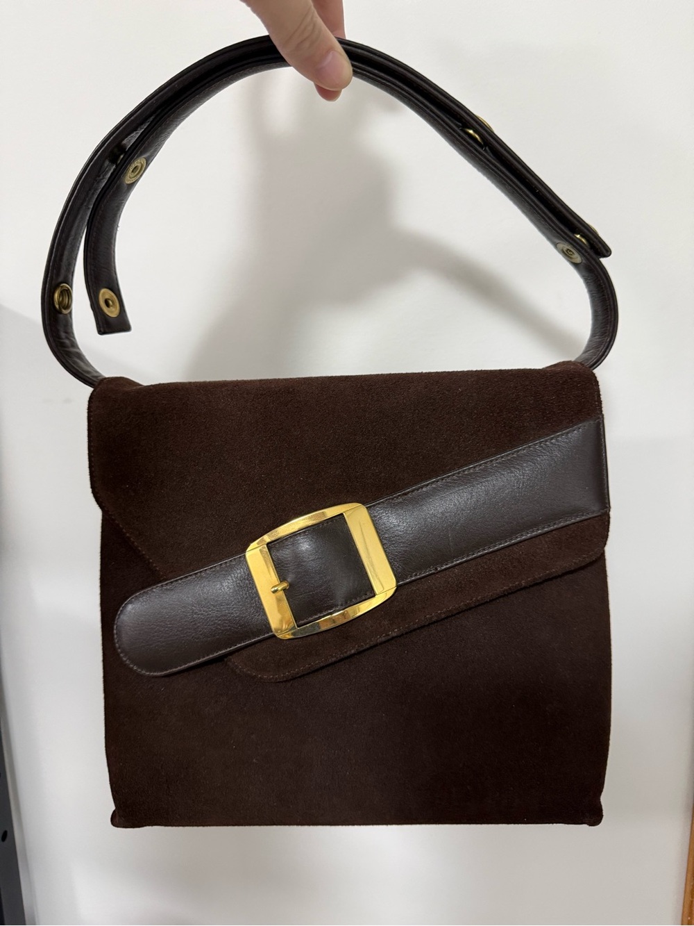 Classic Dark Brown Suede Shoulder Bag with Gold Buckle Vintage